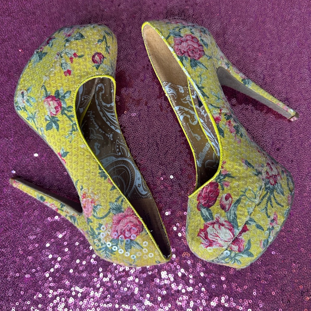 Dollhouse Yellow Floral Heels with Embroidered Details